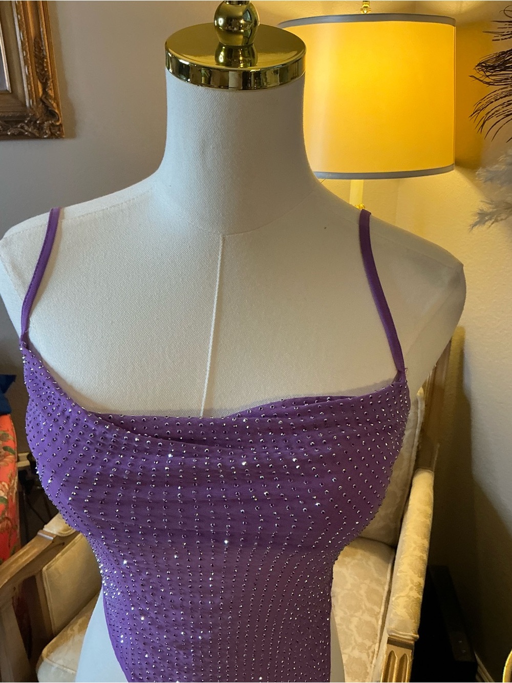 🧚‍♂️Y2K Lavender Rhinestone Asymmetrical Festival Handerchief Top Fairy Festival - Picture 3 of 10